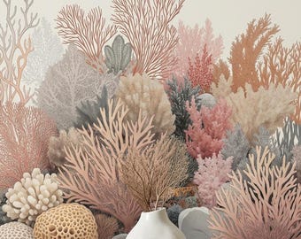 Carta da parati murale con barriera corallina dai colori pastello, arte botanica costiera vintage, decorazioni sottomarine delicate nei toni del rosa cipria e del tortora per case eleganti.