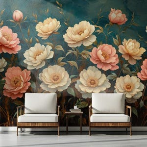 Peony Floral Wallpaper | Peel&Stick and Traditional Wallpaper | Removable and Renter Friendly Wall Decor | Elegant Bedroom and Living Room