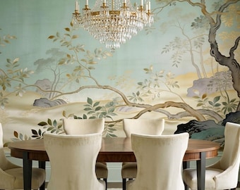 Carta da parati murale in stile Chinoiserie color verde salvia con alberi dorati metallizzati, decorazione paesaggistica dipinta a mano su seta.