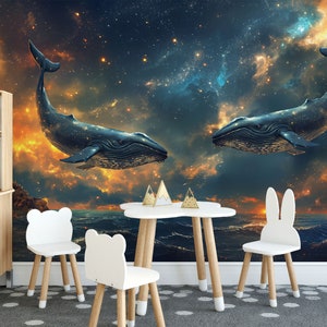 Starry Ocean Scene Wallpaper | Whales and Lighthouse Peel and Stick