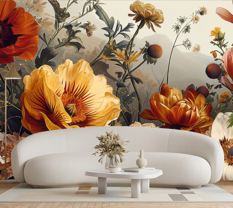Gold Peony Wallpaper Peel and Stick, Watercolor Soft Floral Wall Mural ...