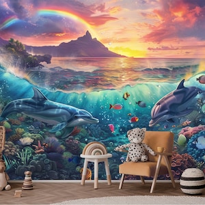 Carta da parati colorata con scena oceanica staccabile e incollabile, opzione non tessuta, delfini e tartarughe subacquee, decorazione murale tropicale