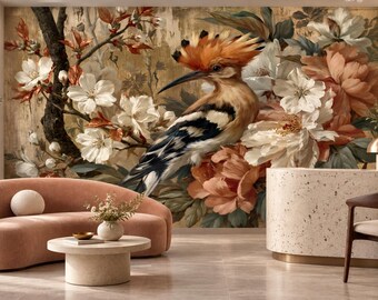 Vintage Crested Bird Wallpaper Mural | Peach Peony Ivory Blossom Peel and Stick Wall Mural | Antique Gold Chinoiserie Removable Wallpaper