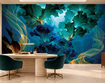 Teal Gold Underwater Botanical Wallpaper Mural | Emerald Kelp Gold Ribbon Peel and Stick Wall Mural | Fantasy Sea Removable Wallpaper