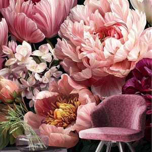 Op de afbeelding: Een bloemrijk beeld met grote, roze pioenrozen en andere bloemen tegen een donkere achtergrond. Een kleine, mauve fluwelen stoel met zilveren poten staat op de voorgrond. Een glazen vaas met groen staat op een donkergrijze kubus.