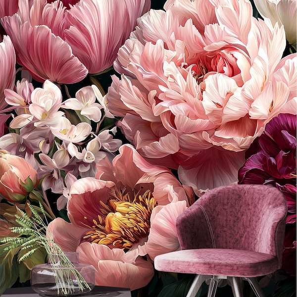 Romantic Peony & Anemone Floral Wall Mural – Peel and Stick Or Pre-Pasted Wallpaper, Renter Friendly Botanical Decor For Bedroom