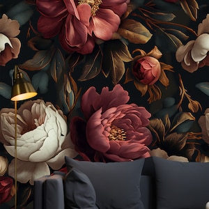 Boho Style Floral Wall Decor Peel and Stick Watercolor, Dark Flora Wall Mural