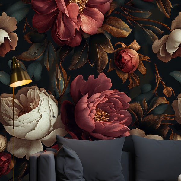 Boho Style Floral Wall Decor Peel and Stick Watercolor, Dark Flora Wall Mural