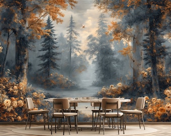 Carta da parati autoadesiva con scena boschiva, effetto acquerello nebbioso, rimovibile e adesiva, murale vintage antico in tessuto non tessuto color oro