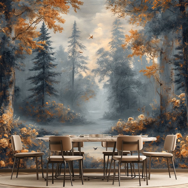 Woodland Scene Self-Adhesive Forest Wallpaper, Watercolor Foggy Peel and stick, Vintage Antique Nonwoven Gold Wall Mural