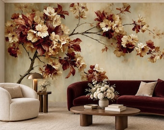 Vintage Cream Blossom Wallpaper Mural | Burgundy Leaf Warm Ivory Peel and Stick Wall Mural | Chinoiserie Branch Removable Wallpaper