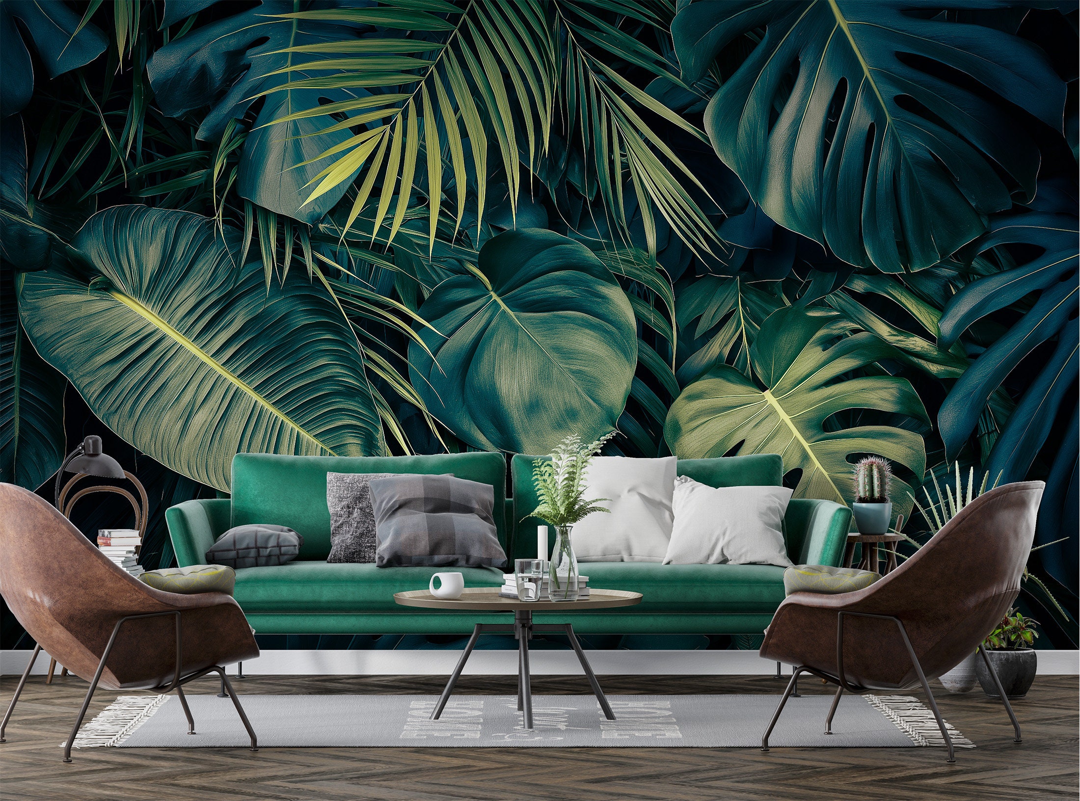 Peel and Stick Dark Tropical Wallpaper | Realistic Jungle Leaves Wall ...