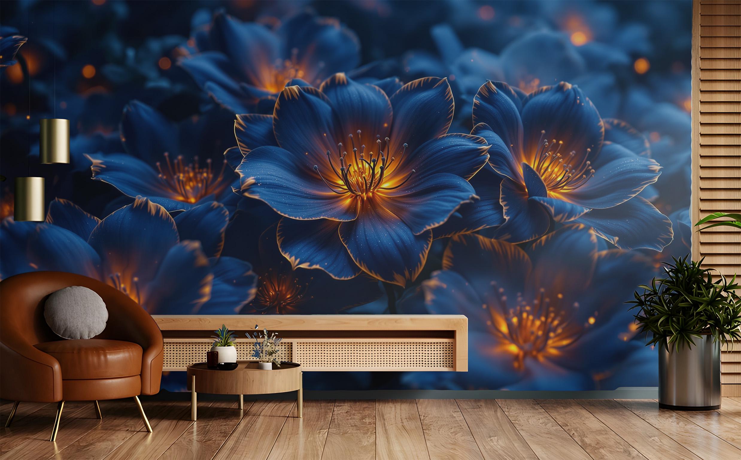 Luxury Flower Wallpaper - Deep Blue & Gold Floral Mural, Radiant ...