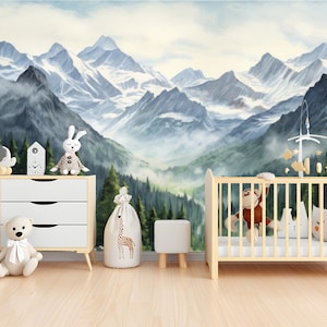 Foggy Pine Tree Wall Mural - Watercolor Forest Wallpaper, Removable Nursery Decor, Peel and Stick Kids Room Wallpaper
