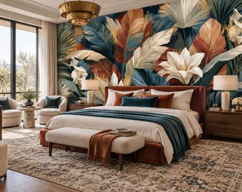 Teal Terracotta Tropical Leaf Wallpaper Mural | Ivory Lily Rust Feather Peel and Stick Wall Mural | Boho Southwest Removable Wallpaper