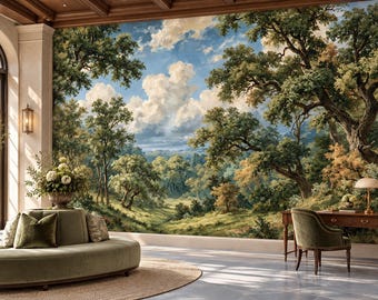 Vintage Oak Woodland Wallpaper Mural | Blue Sky Estate Landscape Peel and Stick Wall Mural | English Countryside Removable Wallpaper