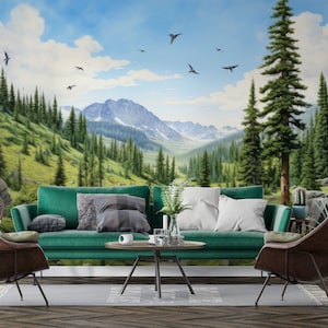 Murale foresta di pini, carta da parati acquerello, buccia e incolla, autoadesivo - dimensioni personalizzate, decorazioni per la casa