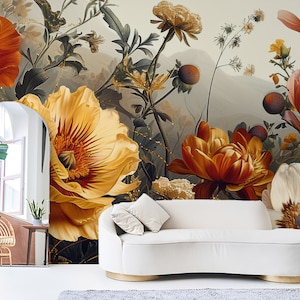 Gold Peony Wallpaper Peel and Stick, Watercolor Soft Floral Wall Mural, Peonies Orange, White Blossom Wallpaper