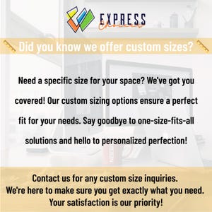 Pode incluir: Imagem com o texto "EXPRESS CHOICES" e "Sabia que oferecemos tamanhos personalizados?" O texto tamb&eacute;m diz "Precisa de um tamanho espec&iacute;fico para o seu espa&ccedil;o?" e "Contacte-nos para quaisquer quest&otilde;es sobre tamanhos personalizados."