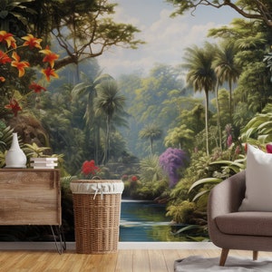 Carta da parati vintage con foresta. Stacca, sbuccia e incolla il murale con paesaggio tropicale ad acquerello