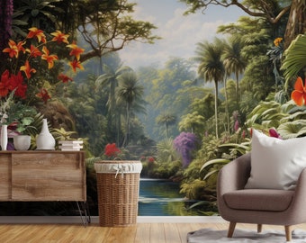 May include: A tropical jungle mural depicting lush green foliage, vibrant red and orange flowers, and a winding river. The mural is displayed in a living room setting with a brown wooden cabinet, a wicker basket, and a grey armchair.