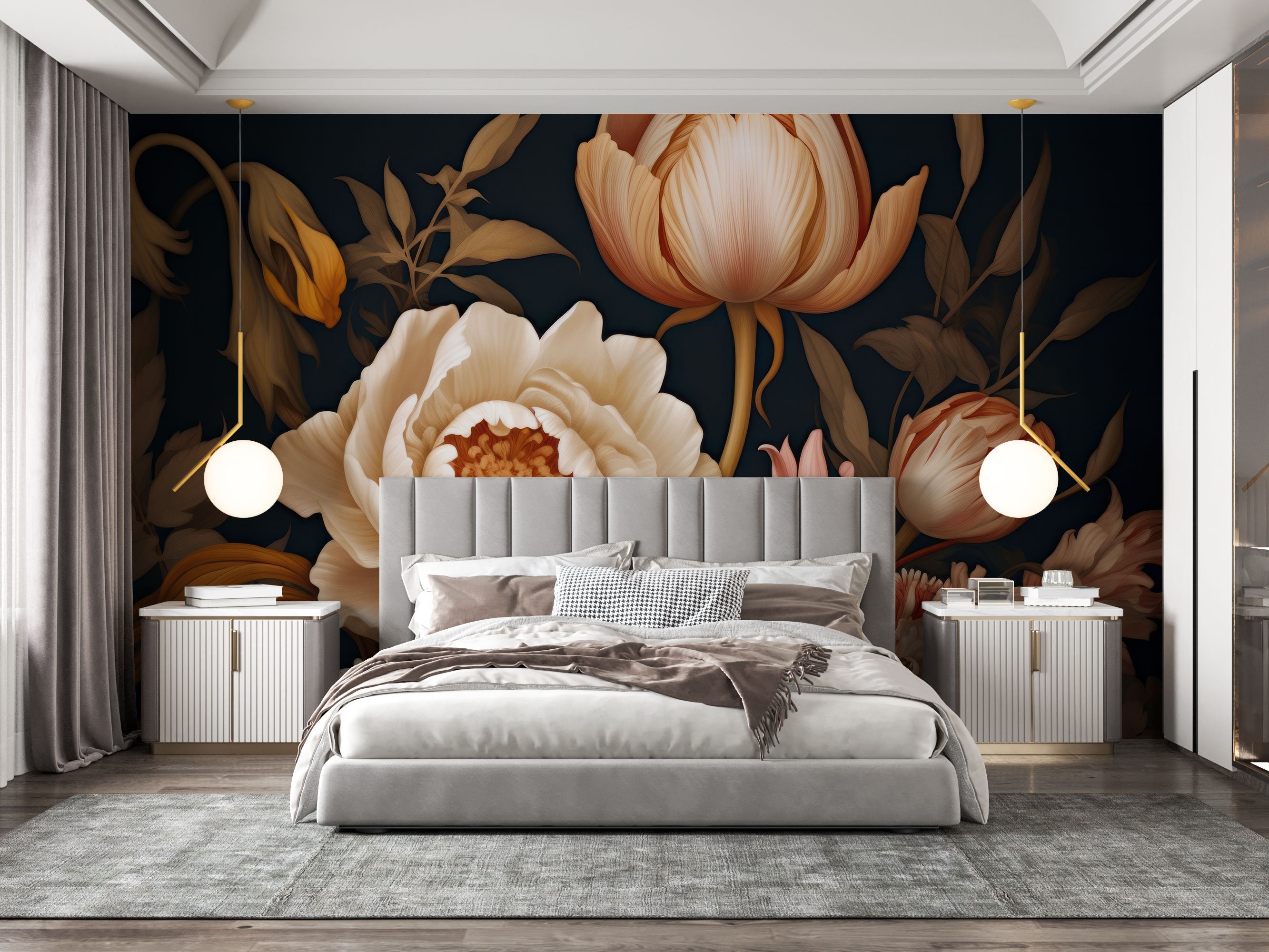 Floral Wallpaper Peel and Stick | Dark Peony Blossom Removable Mural - Etsy