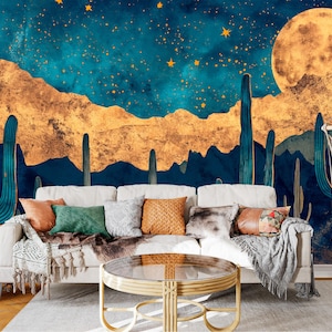 Carta da parati Moonlit Desert Cactus – Carta da parati murale non tessuta staccabile e adesiva con saguari dorati e cielo stellato – Arte murale rimovibile per camera da letto