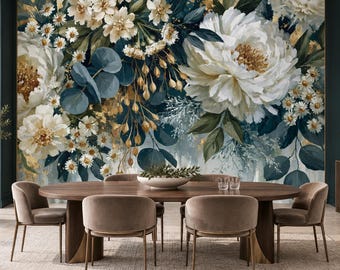 White Floral Wallpaper Mural | Teal Eucalyptus Gold Peony Peel and Stick Wall Mural | Bridal Luxe Removable Wallpaper