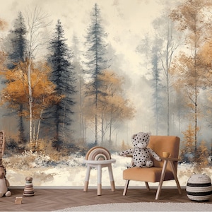 Winter Forest Abstract Peel and Stick Wallpaper | Premium Nonwoven Design Watercolor Pine Trees Golden Renters friendly