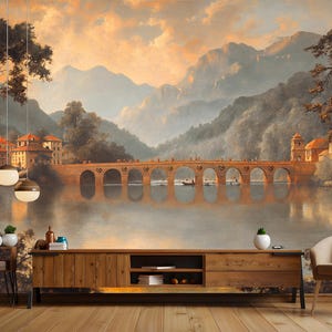 Carta da parati classica con ponte sull'acqua – Peel and Stick Historical Landscape Art