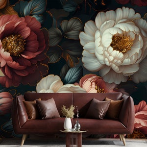 Elegant Vintage Floral Black Wallpaper Mural for Walls, Peel and Stick ...