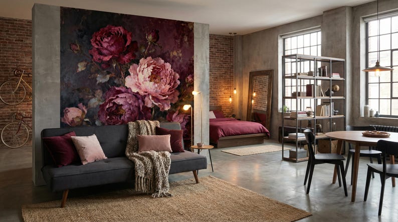 Romantic gothic home decor featuring large red roses on black background