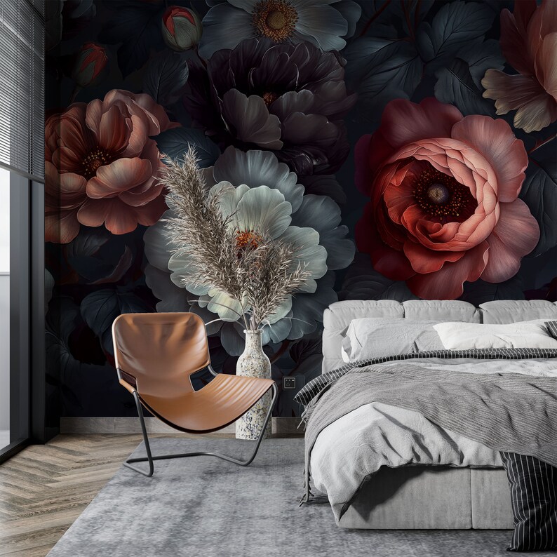 Watercolor Vintage Dark Floral, Bedroom Wall Covering With Flowers - Etsy