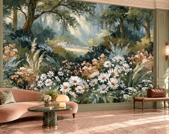 White Daisy Wallpaper Mural | Sunlit Woodland Glade Peel and Stick Wall Mural | Peach Blossom Garden Removable Wallpaper