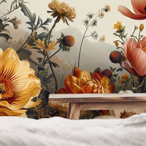 Gold Peony Wallpaper Peel and Stick, Watercolor Soft Floral Wall Mural ...