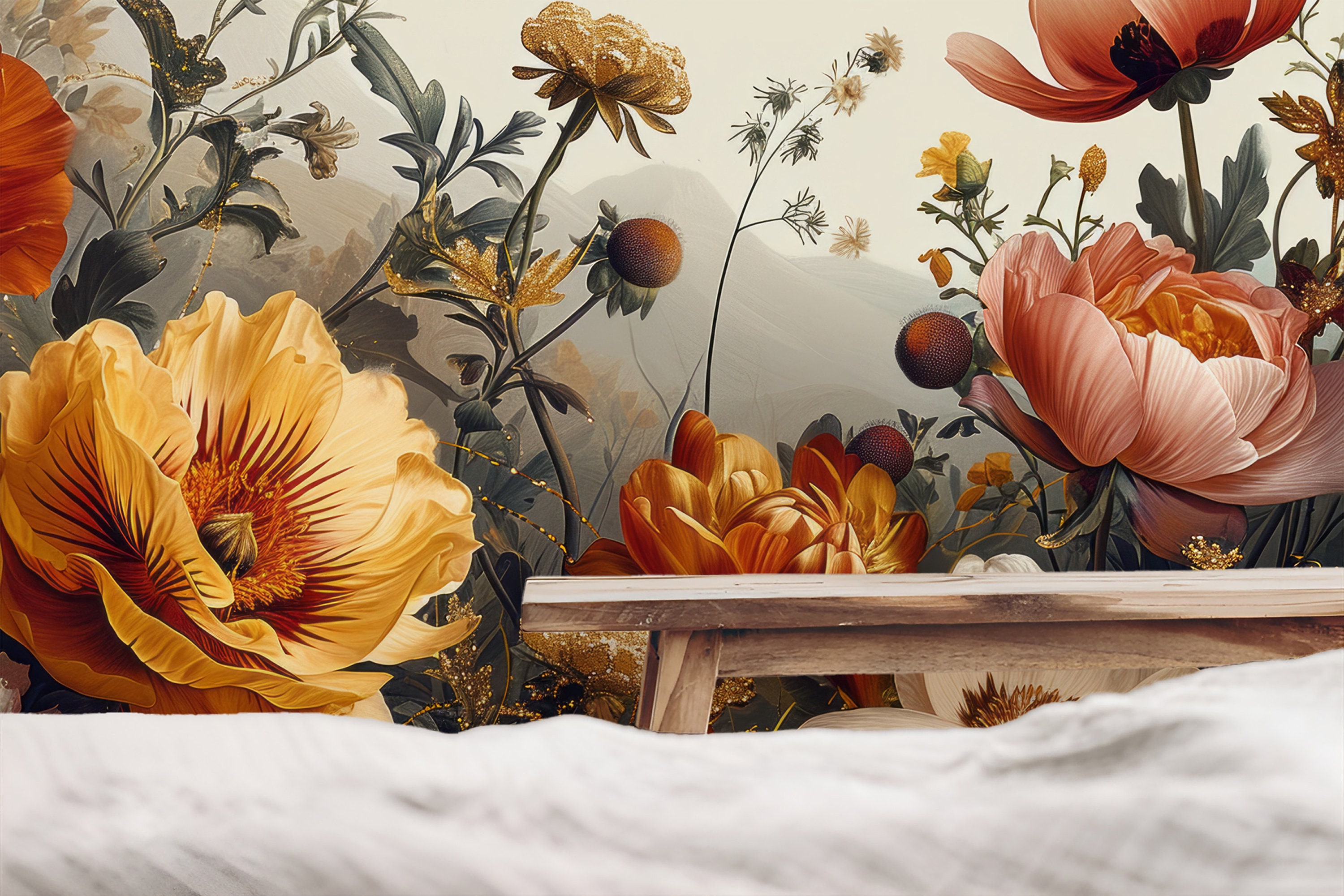 Gold Peony Wallpaper Peel and Stick, Watercolor Soft Floral Wall Mural ...