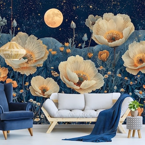 Carta da parati Night Bloom Desert Flowers – Carta da parati murale in tessuto non tessuto staccabile e attaccabile con cactus, luna e fiori di campo – Arte murale rimovibile per qualsiasi stanza