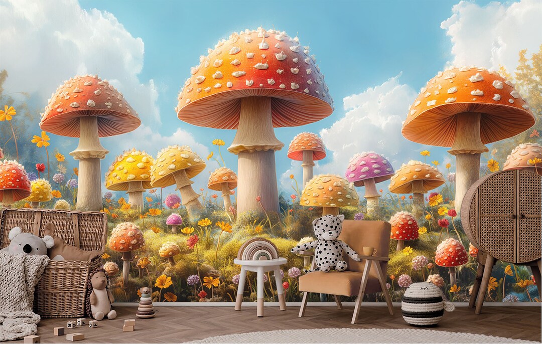 Fantasy Mushroom Garden Wallpaper, Sunny and Colorful Design, Artistic ...