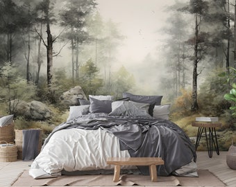 Papel de Parede Mural Floresta, Paisagem Nebulosa, Adesivo Removível, Decoração de Parede para Quarto Infantil, Papel de Parede com Árvores Vintage, Inspirado na Natureza