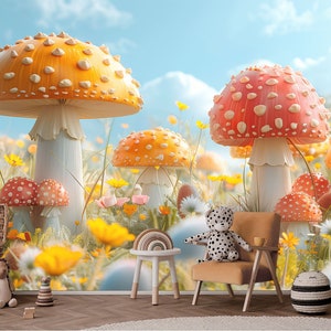 Sunny Mushroom Field Peel and Stick Wallpaper | Vibrant Home Décor Botanical Wallpaper, Removable Traditional Wallpaper, Wall Mural