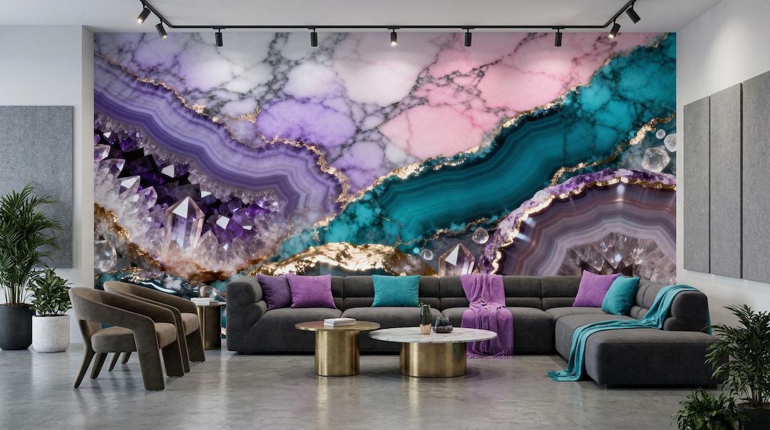 Teal Purple Geode Wallpaper, Amethyst Crystal Mural, Gold Agate Peel ...