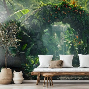Lush Tropical Jungle Wall Mural | Exotic Rainforest Wallpaper with Waterfall & Stone Arch | Nature Wall Art