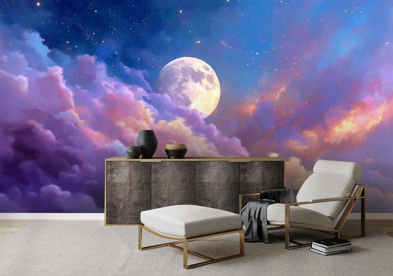 Moonlit Sky & Pastel Clouds Wall Mural – Peel and Stick Removable ...