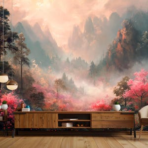 Carta da parati con paesaggio rosa da sogno – murale floreale personalizzato in tessuto non tessuto con montagne per camere da letto serene