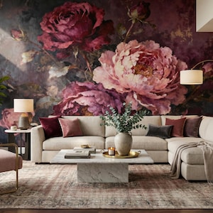 Dark academia living room decor idea with removable floral wall mural