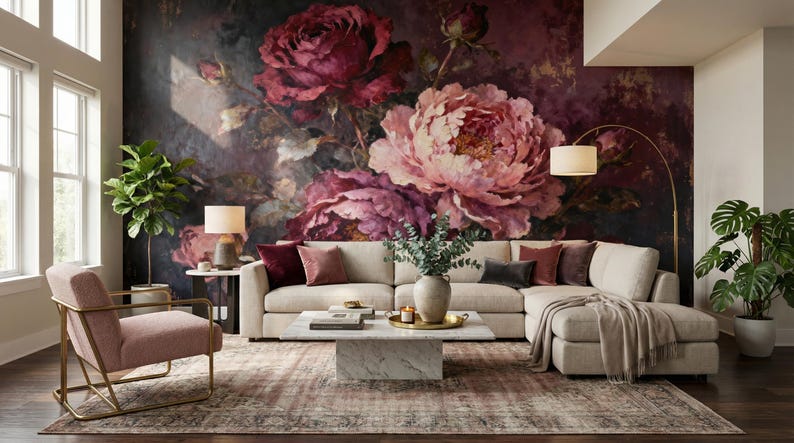 Dark academia living room decor idea with removable floral wall mural