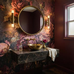 Moody maximalist bedroom accent wall with vintage flower mural
