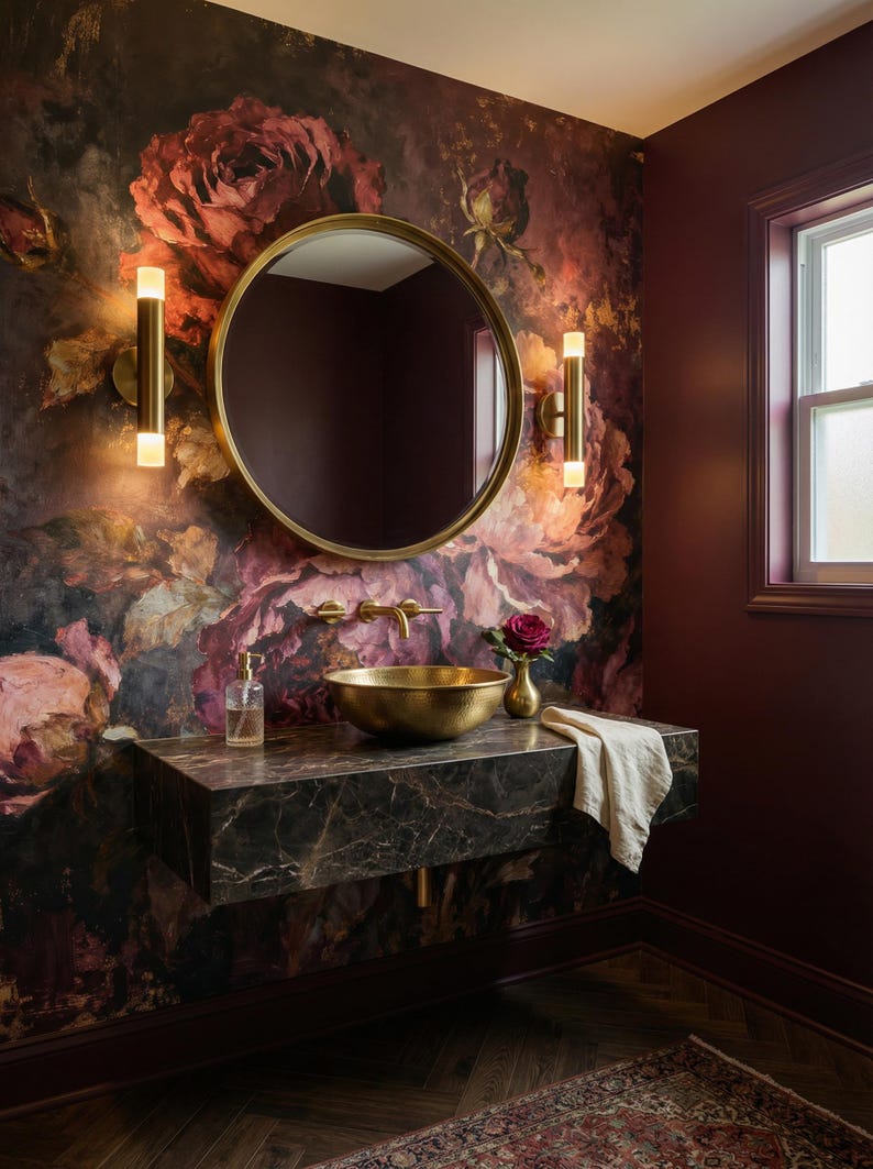Moody maximalist bedroom accent wall with vintage flower mural