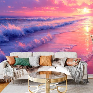 Serene Beach Sunset Wallpaper – Peel and Stick Ocean Waves Mural, Perfect for Coastal-Themed Bedrooms