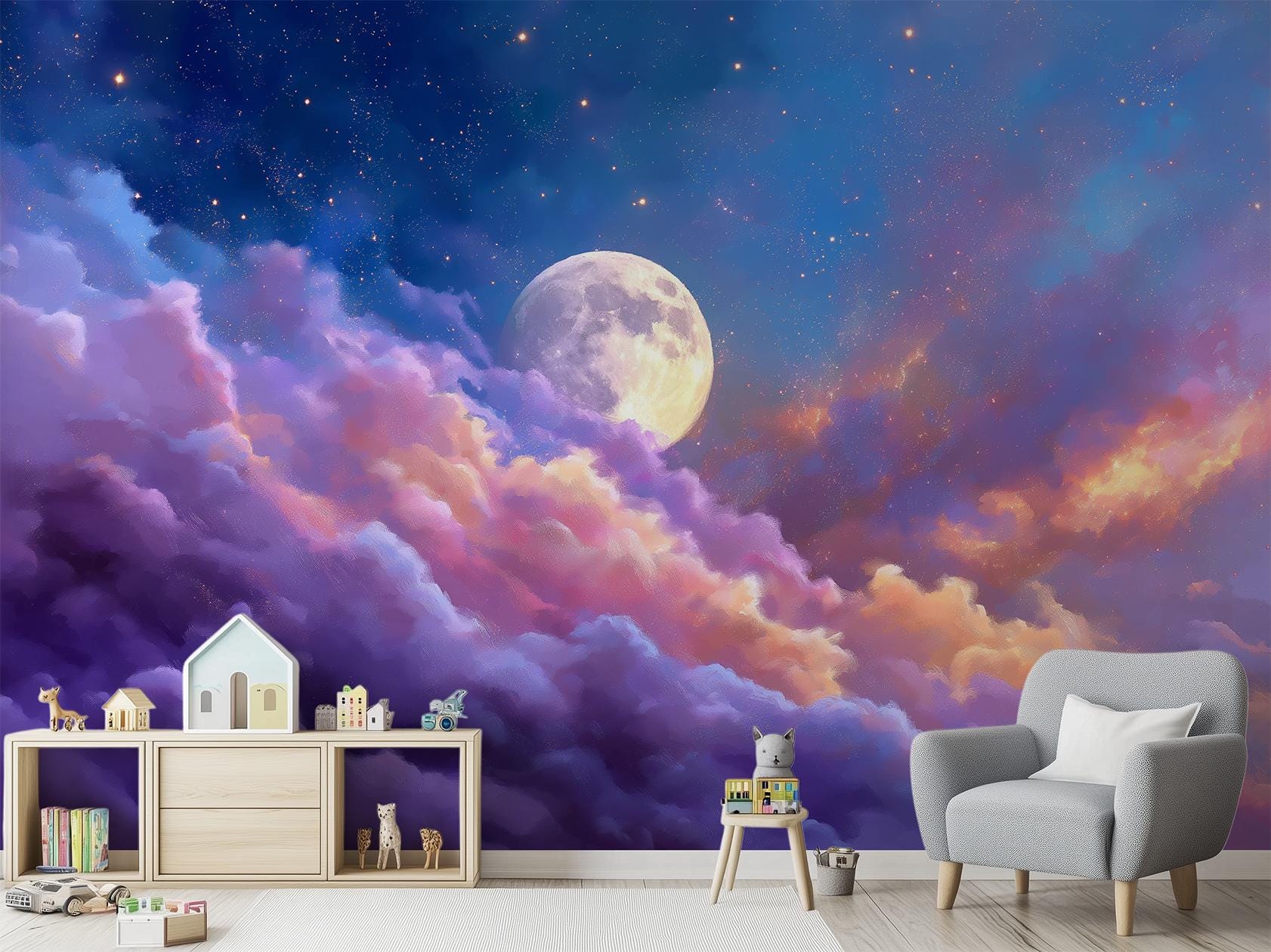 Moonlit Sky & Pastel Clouds Wall Mural – Peel and Stick Removable ...